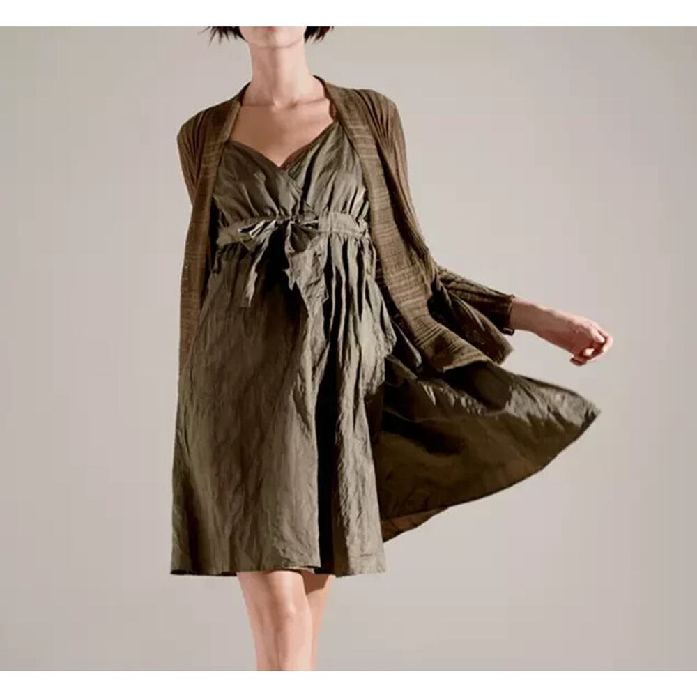 Eileen Fisher Dress Womens 6 Olivine Olive Green Steel Satin Empire Waist Tie - Picture 1 of 12